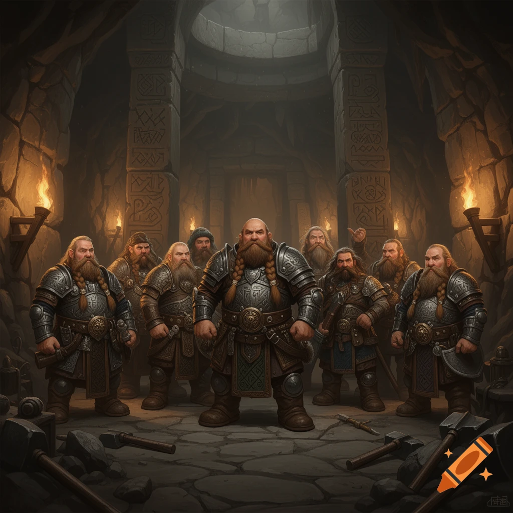A group of armored dwarves with braided beards stand in a dimly lit underground hall, surrounded by torches and ancient carved pillars. Tools lie on the stone floor.