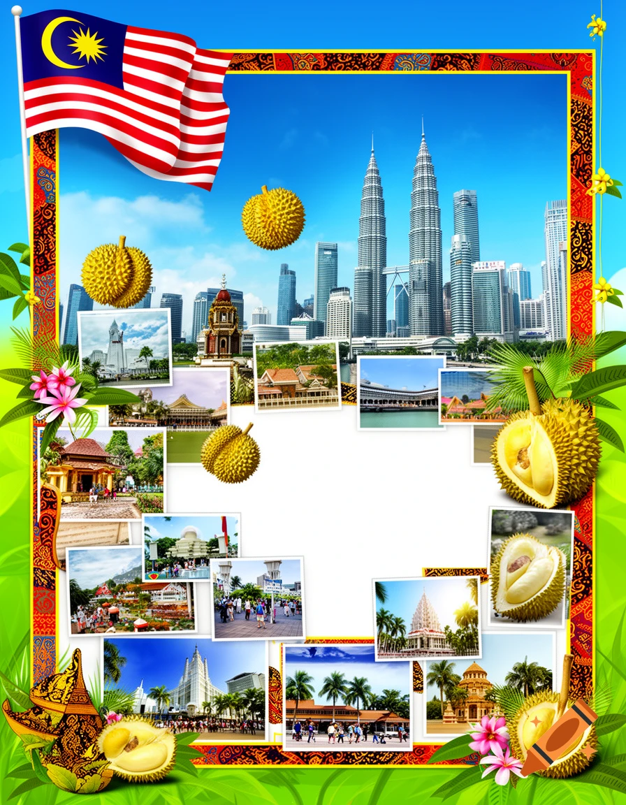Colorful collage featuring Malaysia's flag, Petronas Towers, durian fruits, and various Malaysian landmarks arranged with decorative borders.