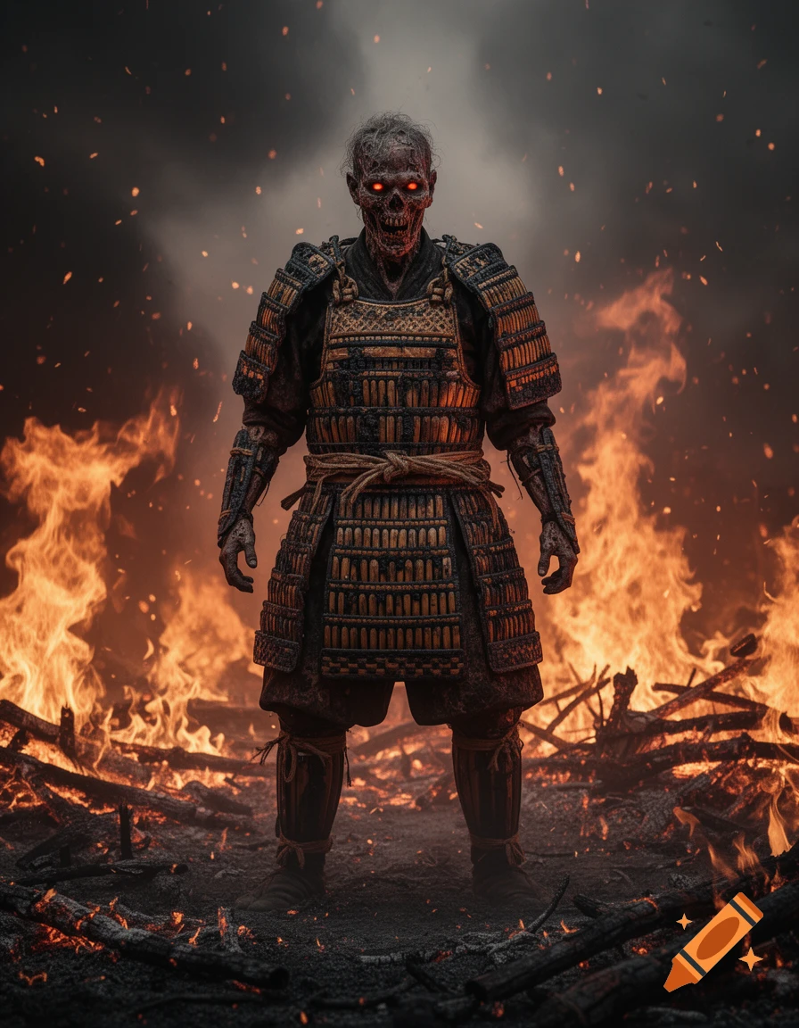 A zombie samurai warrior with glowing red eyes stands in flames and smoke, wearing dark rattan armor.