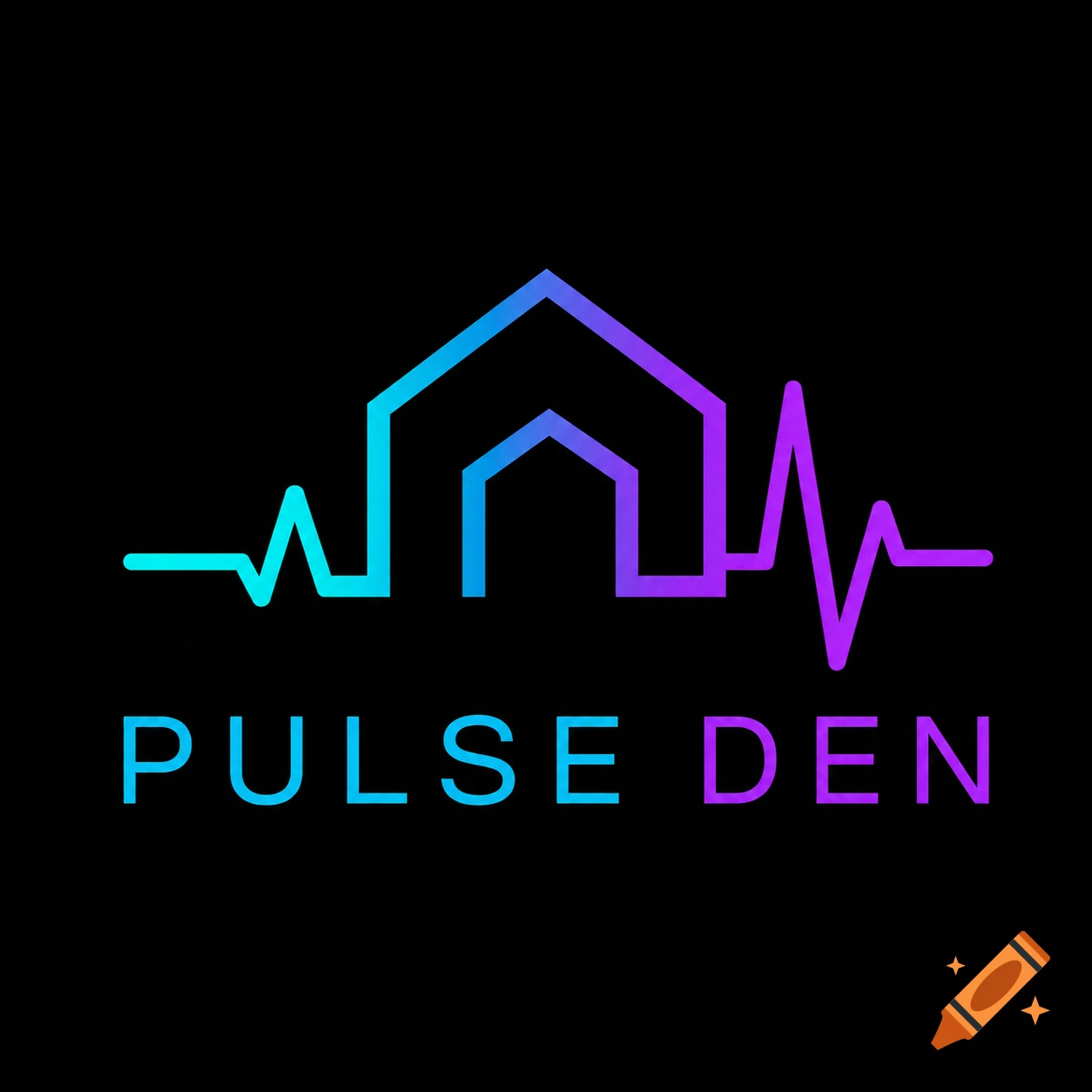 A minimalist logo for 'Pulse Den' with a house outline and a blue to purple heartbeat line on black.