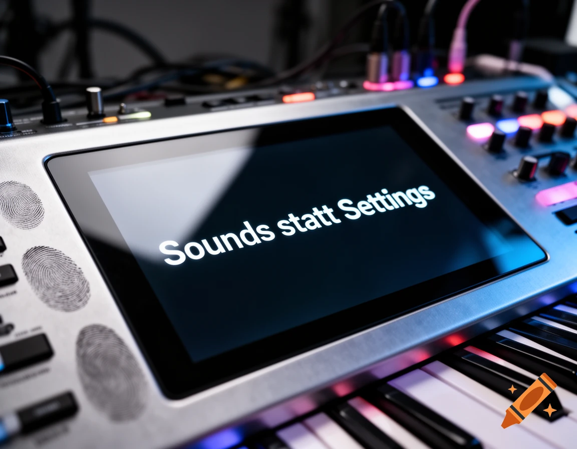 Close-up cinematic photo of a synthesizer with a screen displaying "Sounds statt Settings", blurred background.