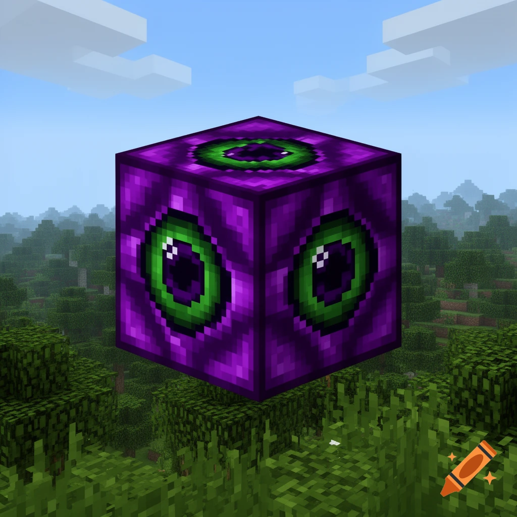 A pixelated purple cube with green eye patterns, resembling a Minecraft Ender Eye, floats over a blocky green forest under a blue sky.
