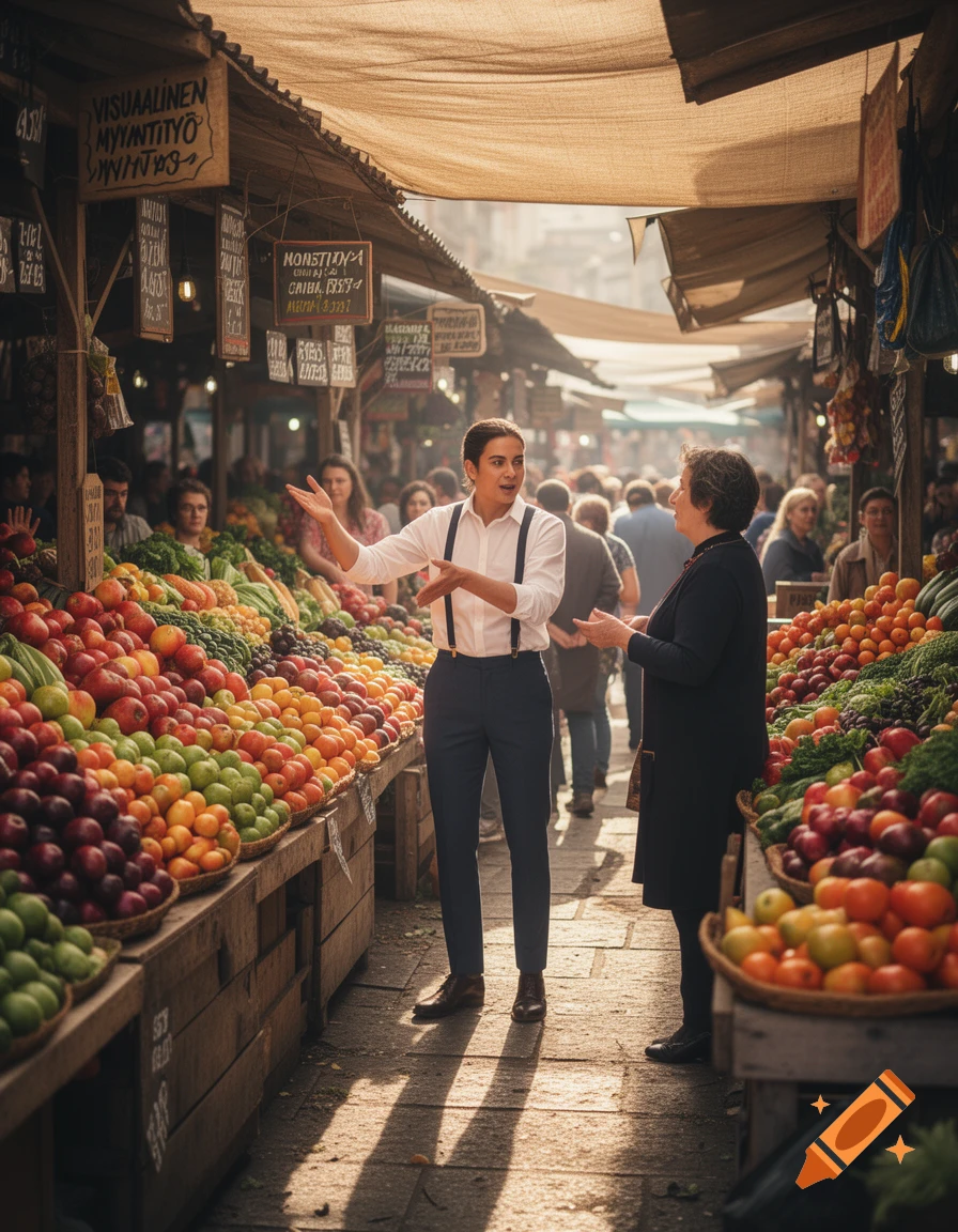 A man gestures while speaking to an older woman in a busy, sunny outdoor market filled with fresh produce stalls.