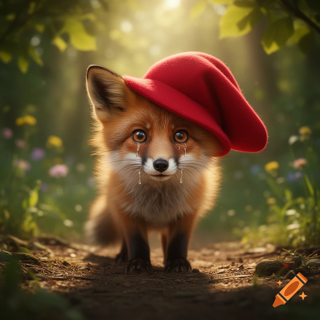 A cute, fluffy fox wearing a red hat cries with tears streaming down its face, standing on a forest path.
