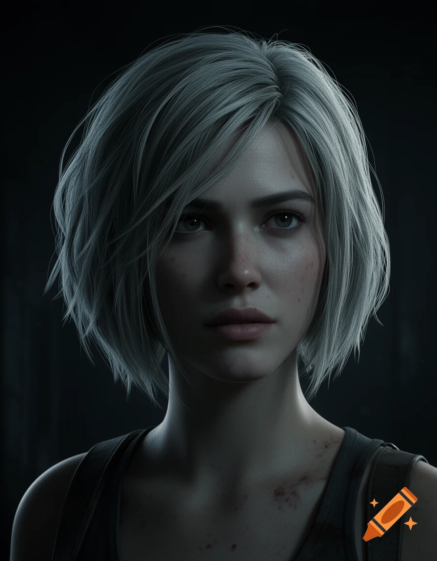Close-up portrait of a young woman with short silver hair and an intense expression, slight facial and collarbone injuries. 3D game art style.