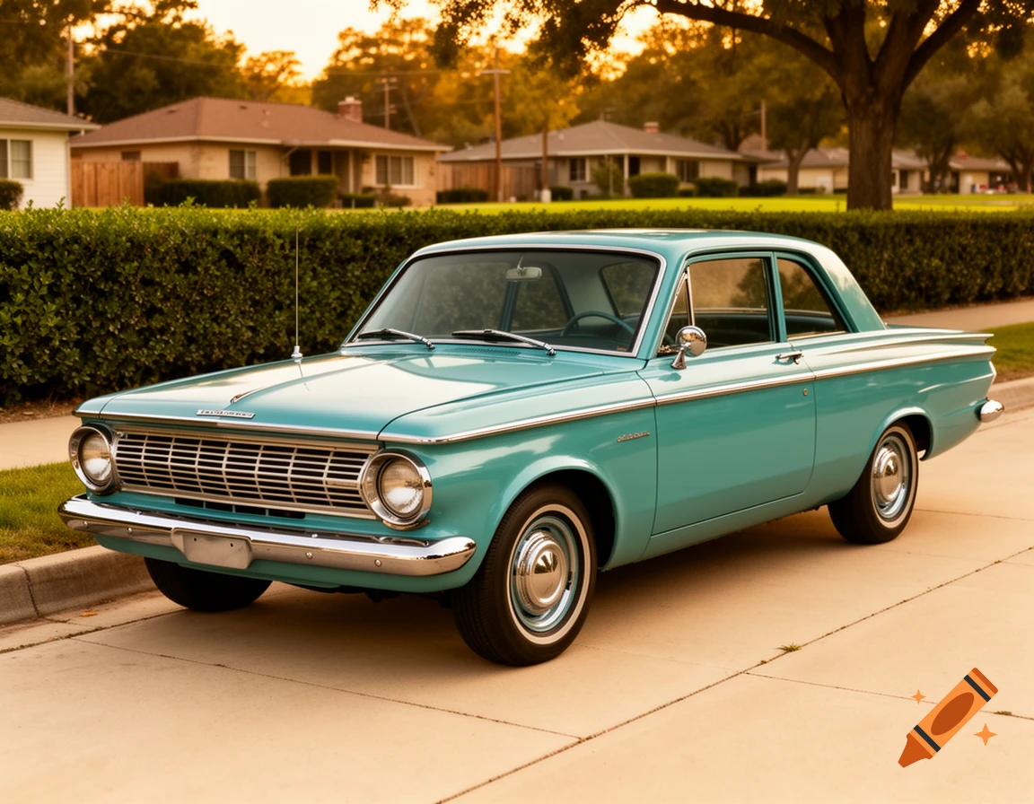 A vintage teal 1963 Plymouth Valiant car parked on a suburban street at sunset.