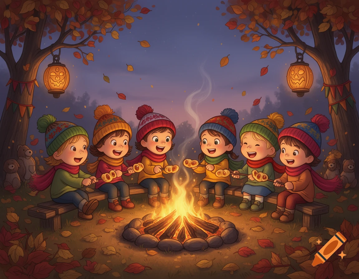 Six cheerful cartoon children in winter hats and scarves roast food over a campfire in an autumn forest scene with fallen leaves and pumpkin lanterns at dusk.