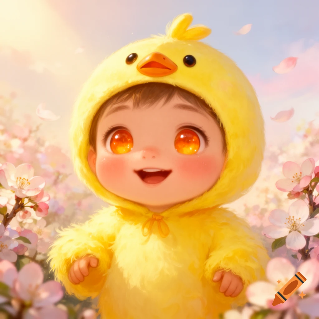 A cute, smiling baby with bright orange glowing eyes in a fluffy yellow chick costume, surrounded by soft pink cherry blossoms under a sunny sky.