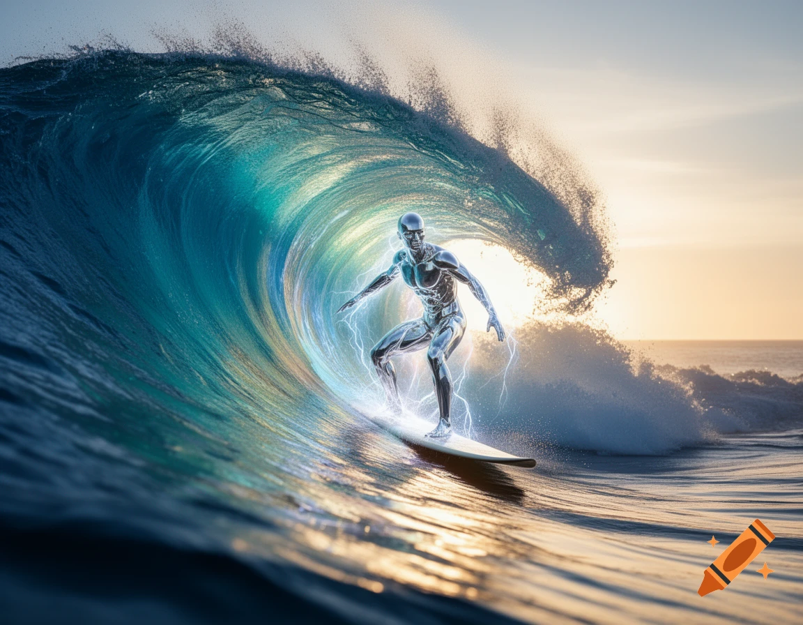 A silver, chrome-like humanoid surfer with electric energy rides a large, glowing blue wave at sunset.