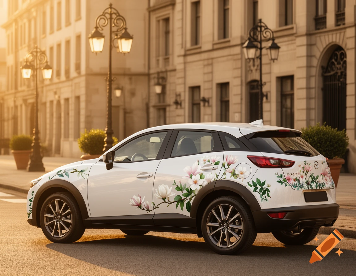 A white Mazda CX-3 SUV with elegant floral vine stickers on its sides and rear, parked on a sunlit street in front of classic buildings.