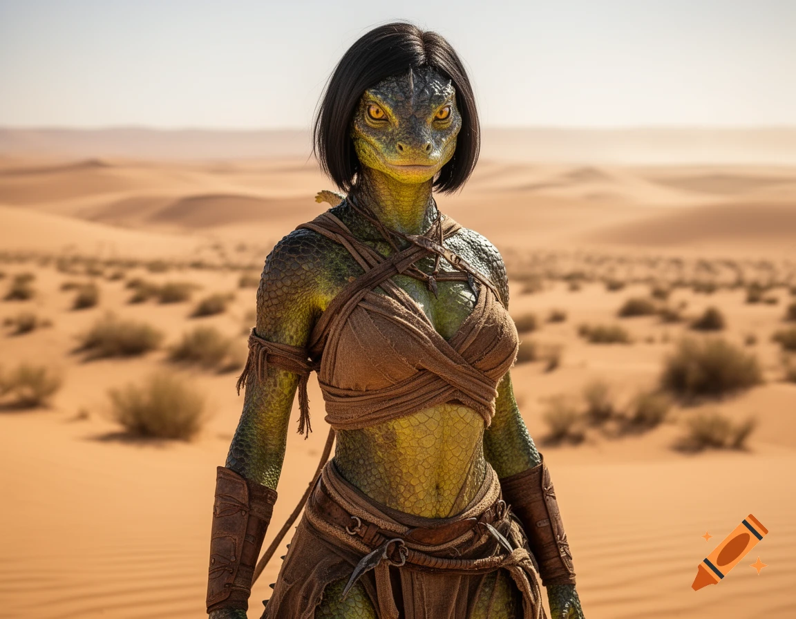 A humanoid lizard woman with dark hair and green scales, wearing tribal wraps, stands in a desert.