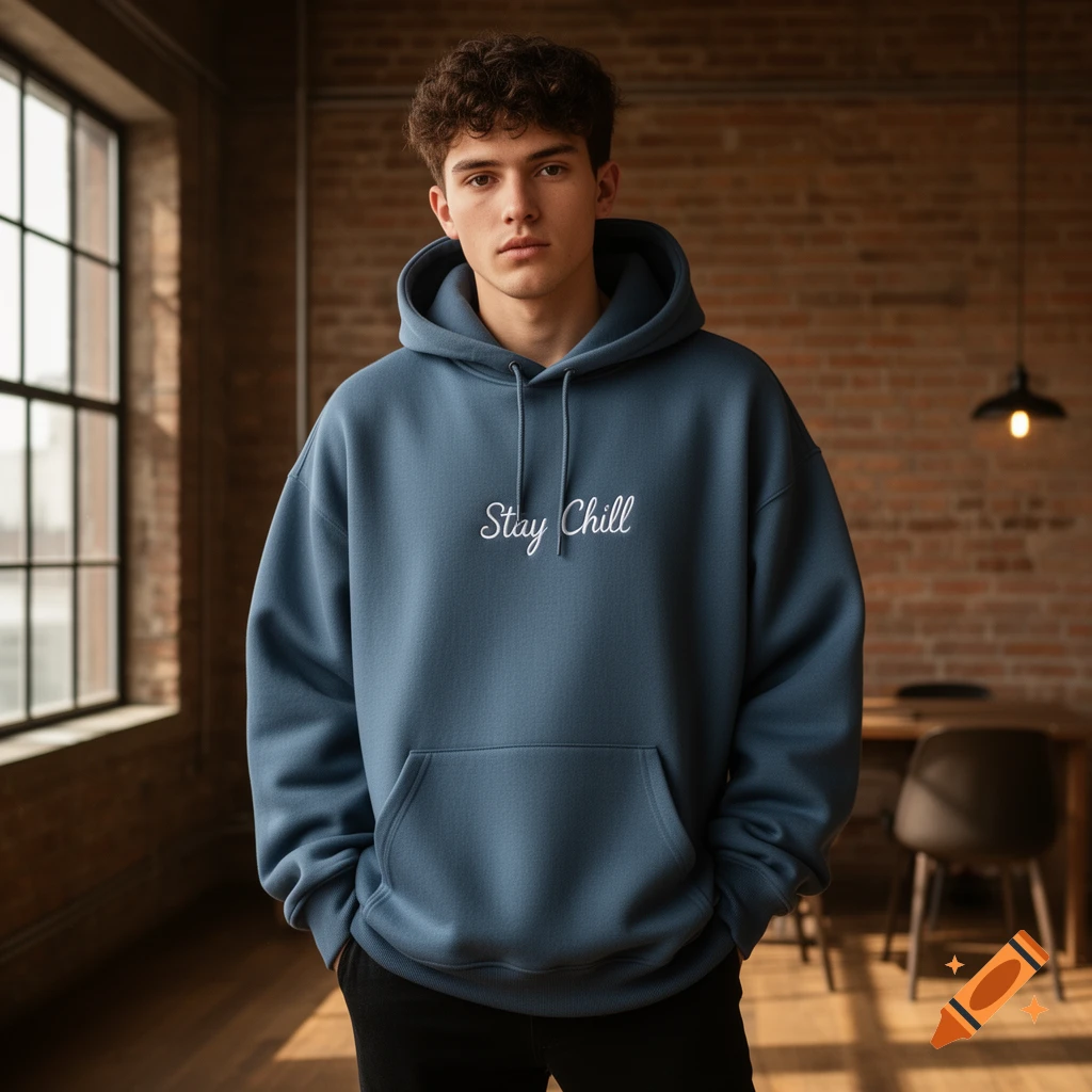 A young man with curly brown hair wearing a blue hoodie with "Stay Chill" printed on it, standing in a room with a brick wall and window.