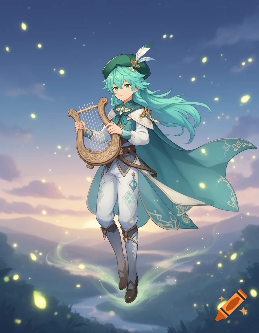 Anime character Venti with teal hair holds a lyre, floating in a twilight sky with glowing lights.
