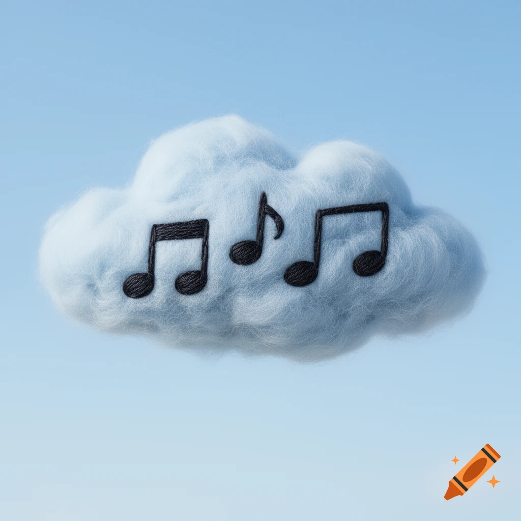A fluffy light blue cloud against a clear blue sky, with three black musical notes (quarter note, eighth note, quarter note) appearing on its surface.