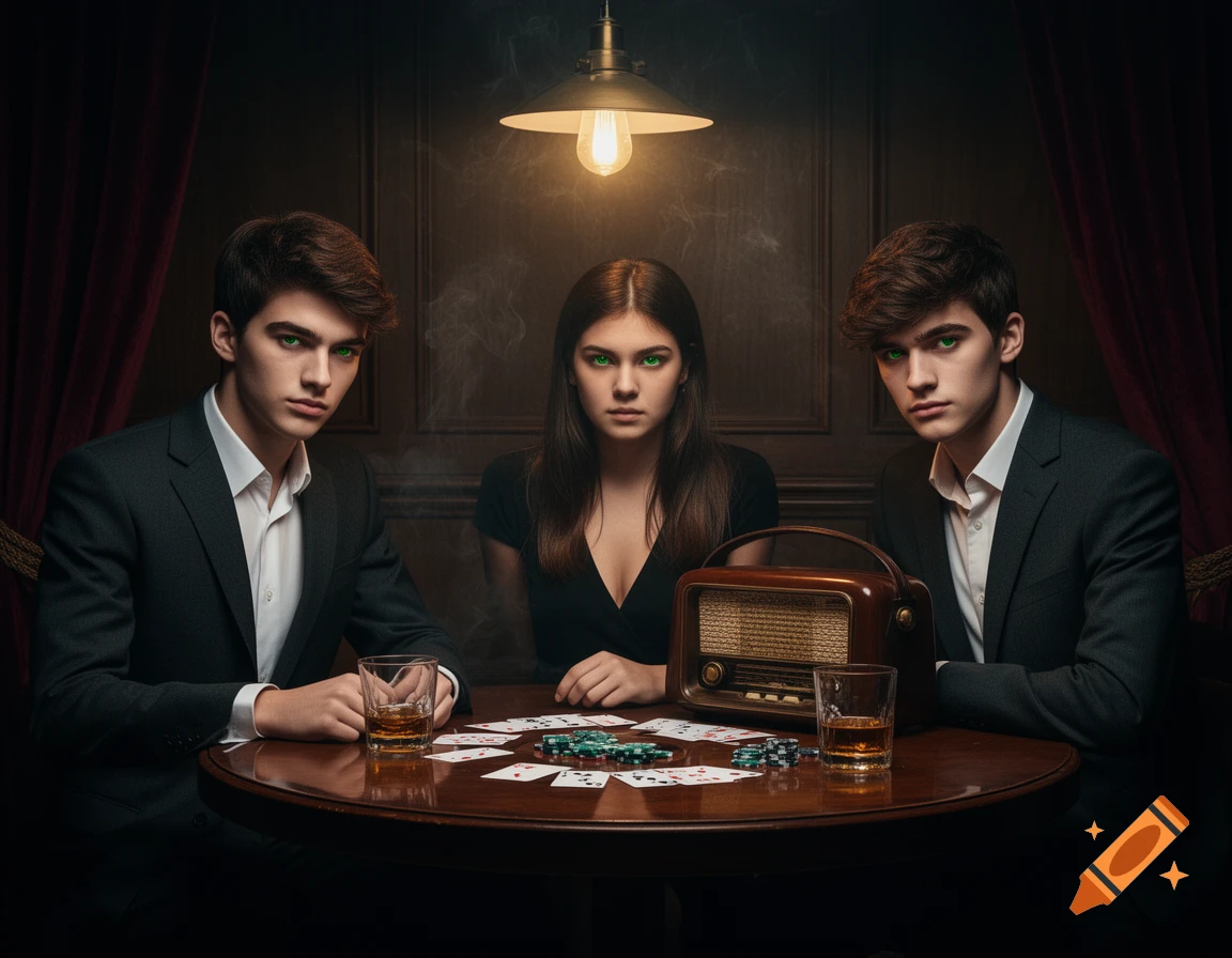 Three young adults with glowing green eyes, two men and one woman, sit around a table with poker chips, cards, drinks, and an old radio under a single hanging light in a dark, moody room.