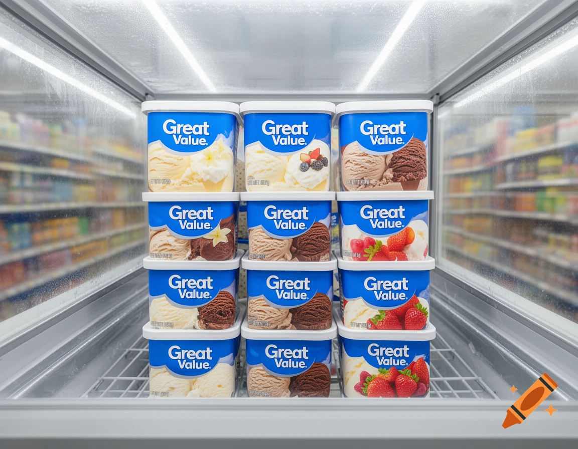 Stacked Great Value ice cream tubs in various flavors, including vanilla, chocolate, strawberry, and mixed berry, inside a supermarket freezer.