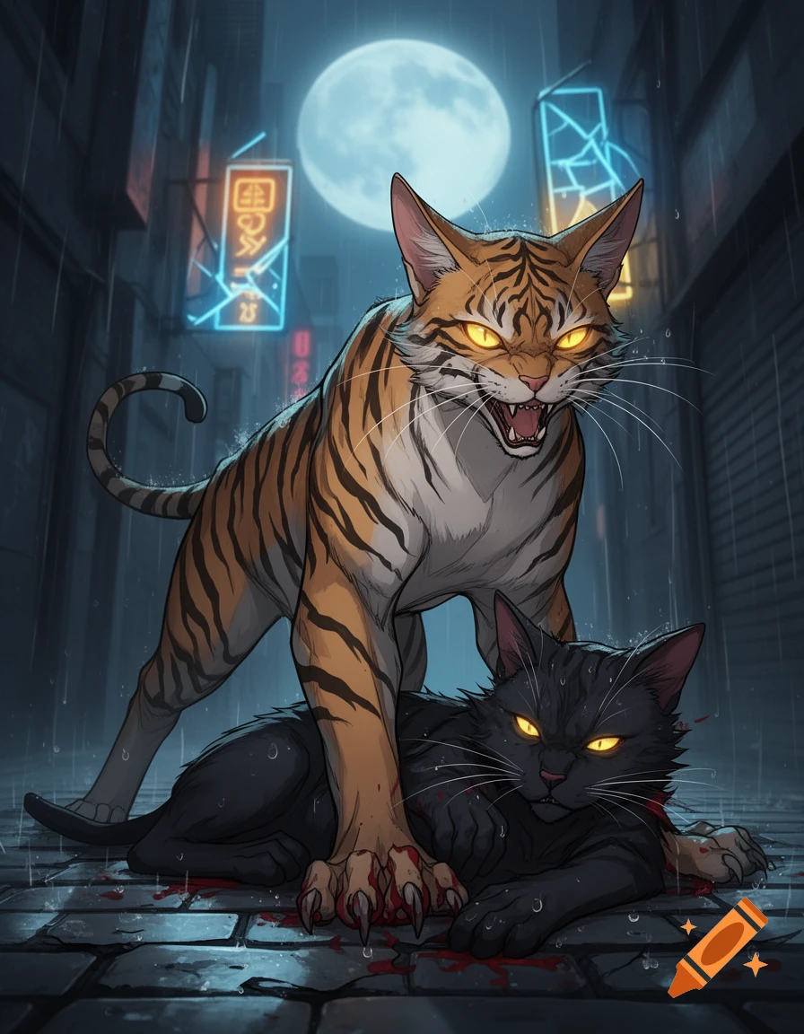A tiger-striped cat with glowing eyes stands over an injured black cat in a rainy, neon-lit alley at night, manga style.