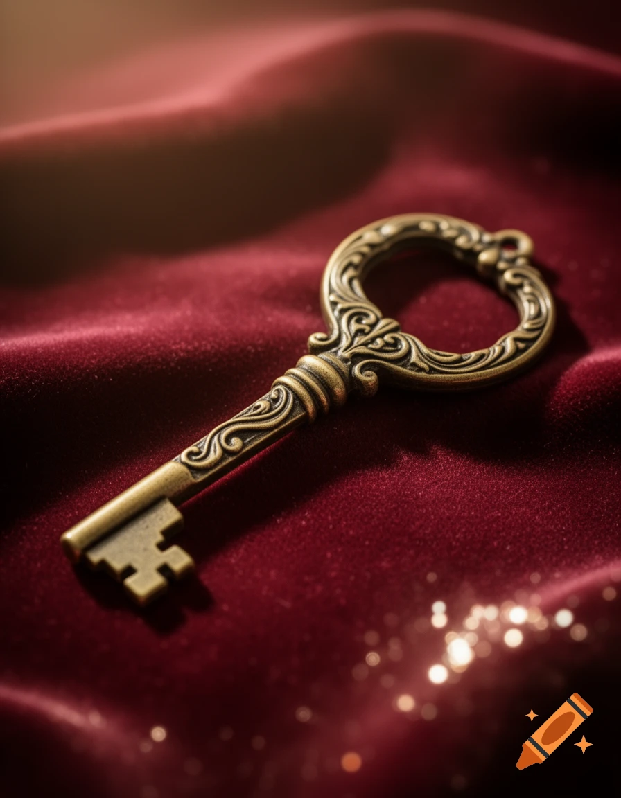 An ornate, antique brass key resting on luxurious red velvet fabric, with soft light and bokeh.