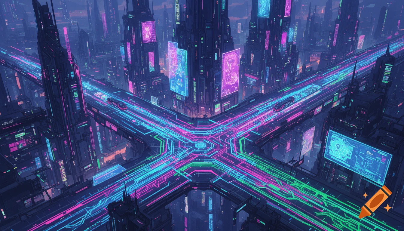 An isometric view of a neon-lit cyberpunk city at night with glowing blue and pink circuit-like lines crisscrossing as roads and on buildings.