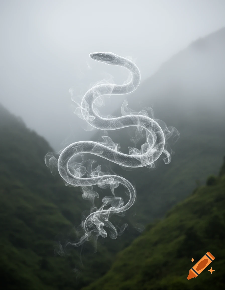 An ethereal white smoke snake coils upwards against a misty green mountain background.
