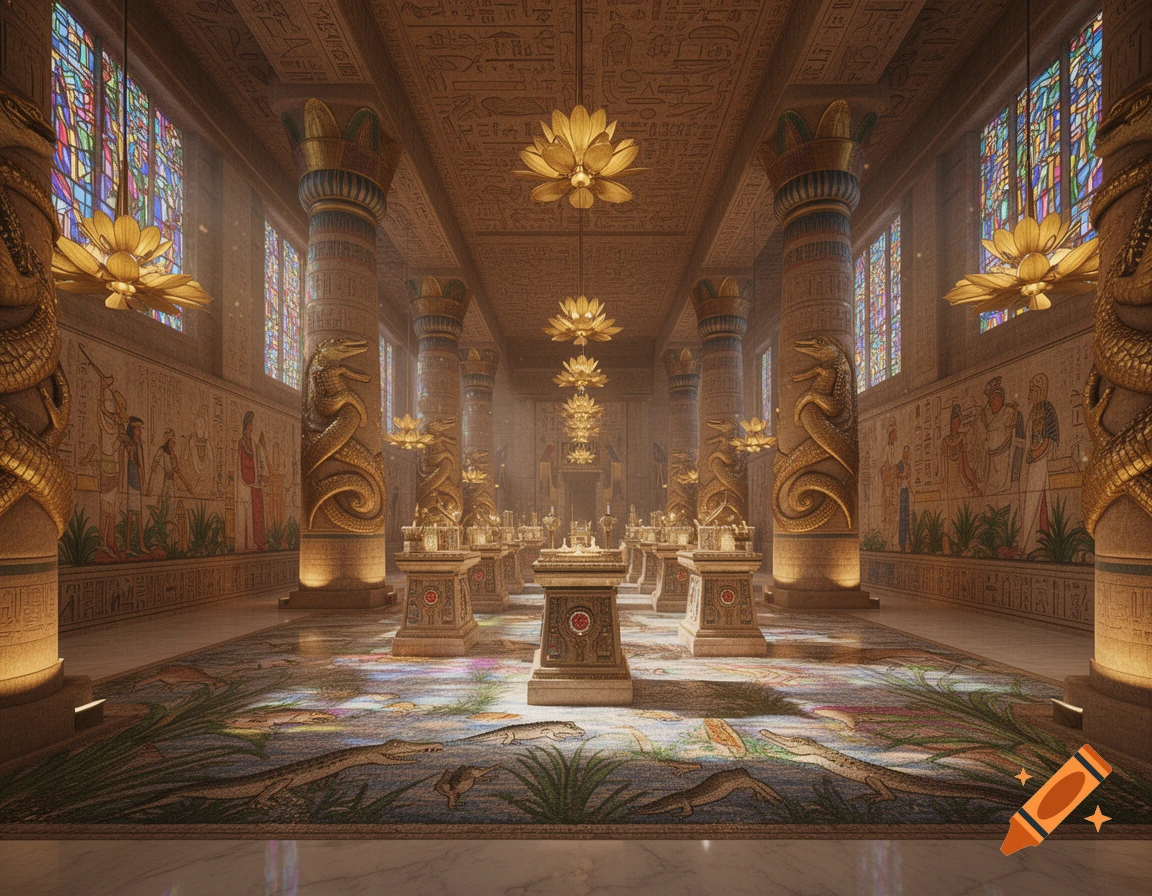 A grand, ornate ancient Egyptian temple interior with tall, decorated columns, colorful stained-glass windows, and lotus-shaped golden chandeliers. Hieroglyphs and murals adorn the walls, and a carpet with crocodile motifs covers the floor.