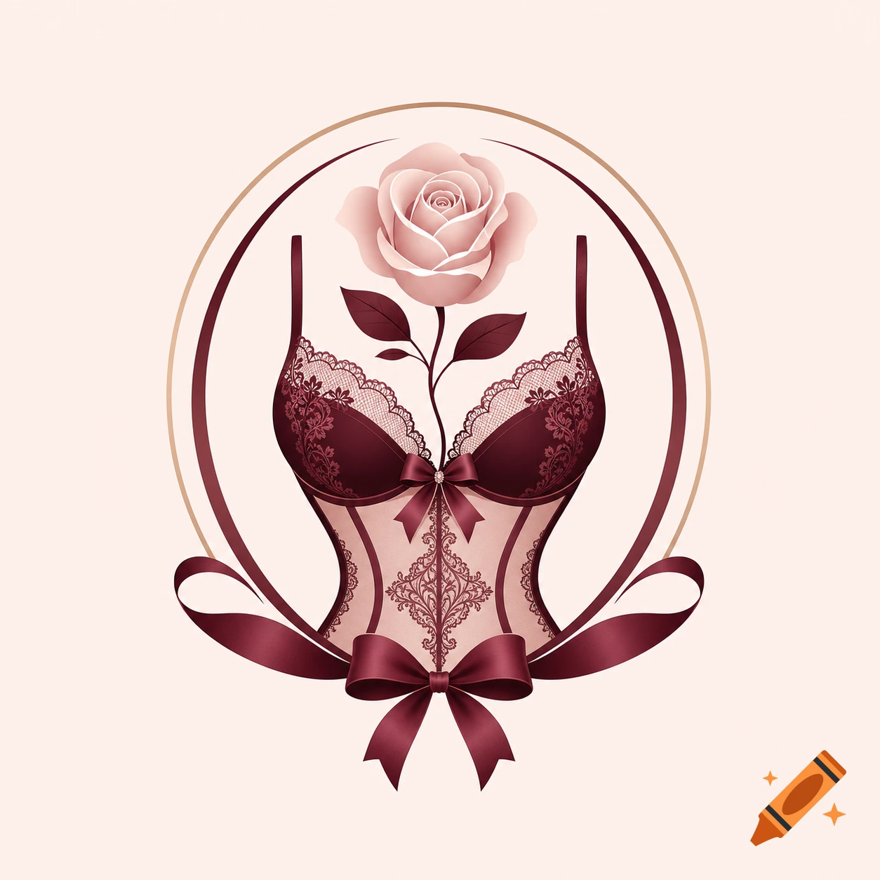 Illustration of a burgundy lace corset with a pink rose, framed by ribbons and gold circles.