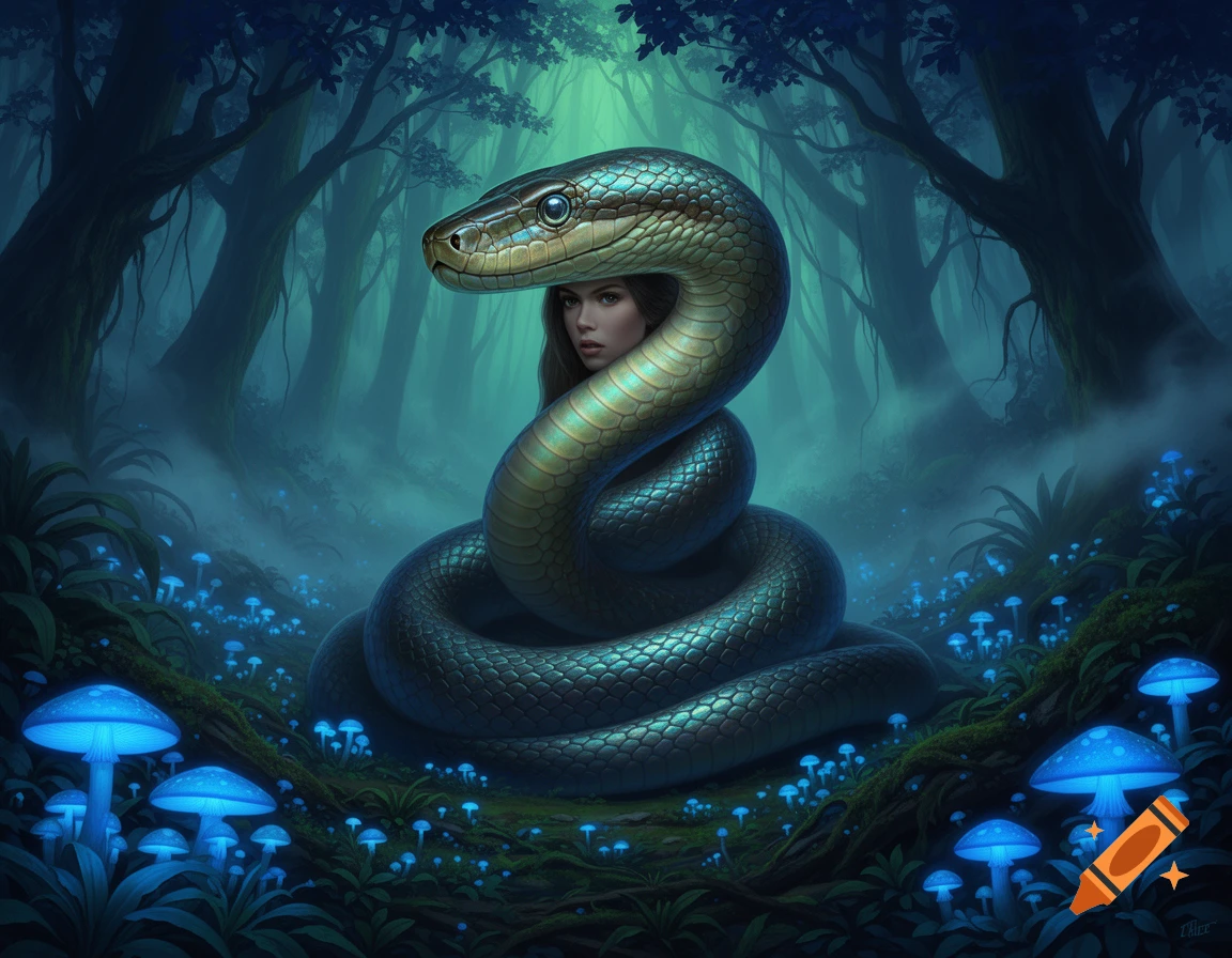 A woman's face emerges from the coiled body of a large snake in a mystical, dark forest lit by glowing blue mushrooms. Surreal art style.