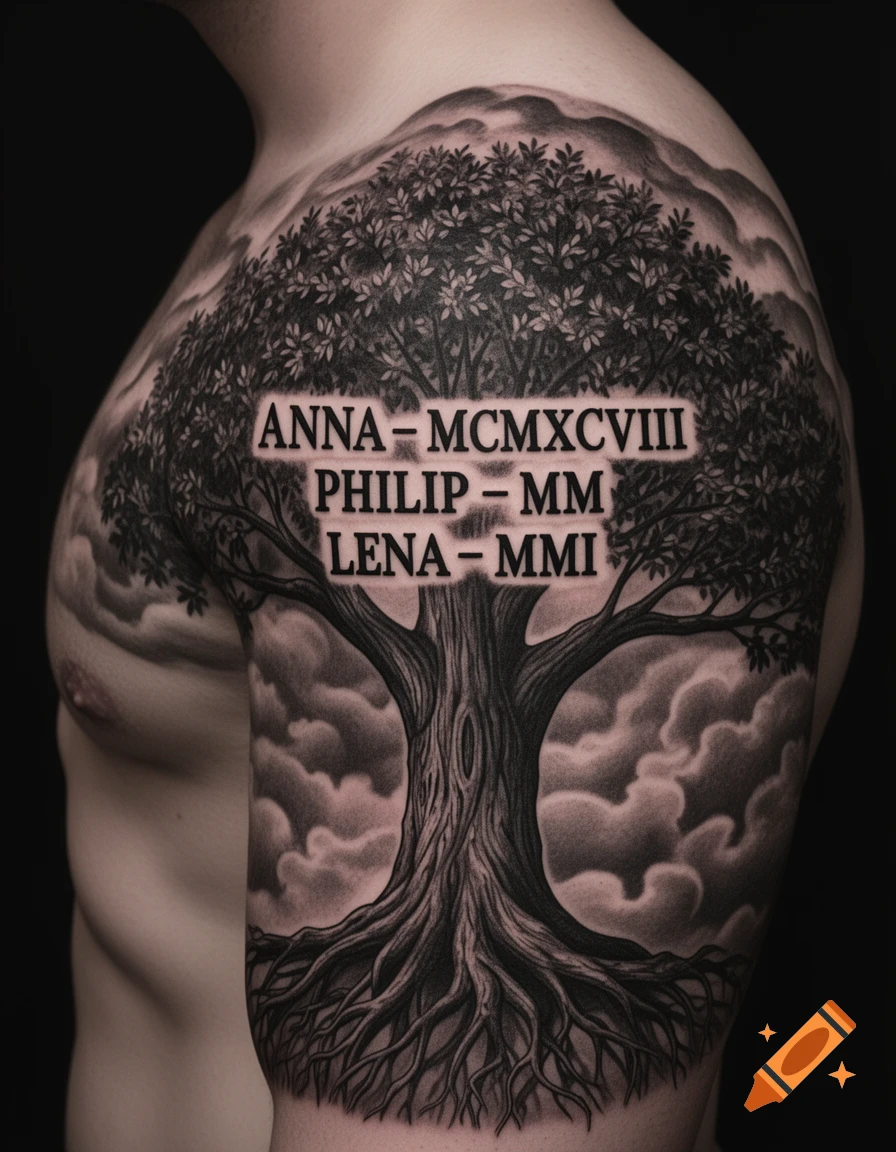 A detailed black and grey family tree full-sleeve tattoo on an arm, with names and Roman numeral dates among the branches.