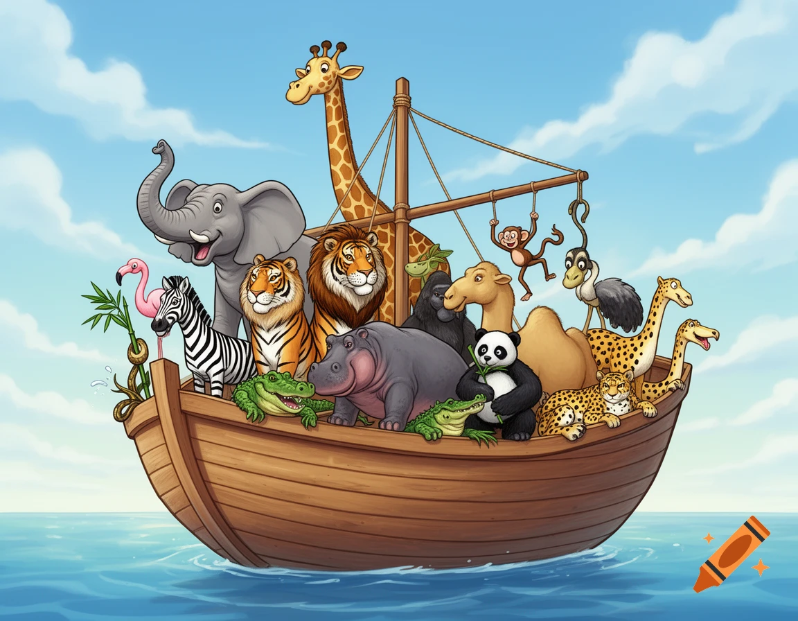 Cartoon Noah's Ark with diverse animals including elephants, giraffes, lions, zebras, pandas, and monkeys on a calm blue sea.