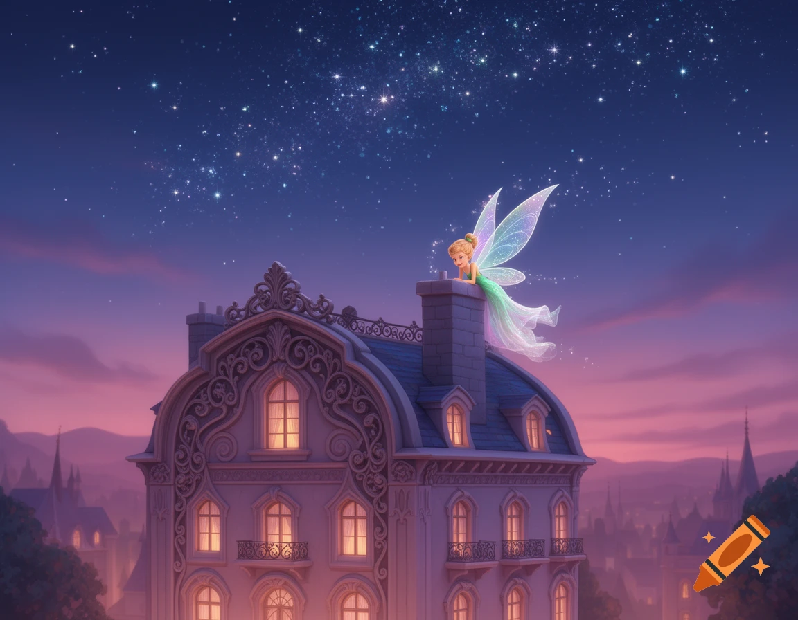 A tiny fairy with shimmering wings perches on a chimney of an ornate hotel at night under a starry sky, in a magical Disney style.