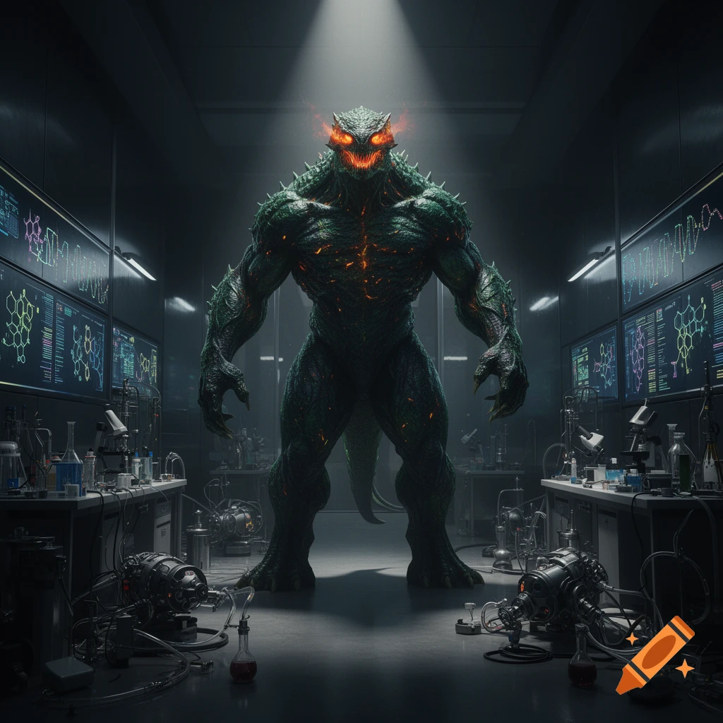 A massive, green, spiky monster with glowing red eyes stands in a dark, futuristic science laboratory filled with equipment and glowing chemical formulas on screens.
