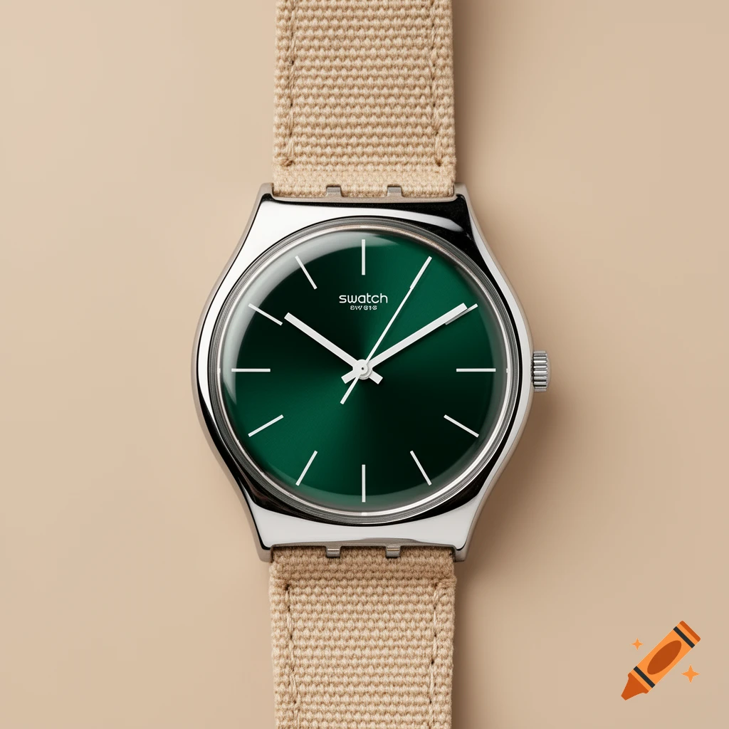 A silver Swatch watch with a deep green face and a beige canvas strap on a light background.