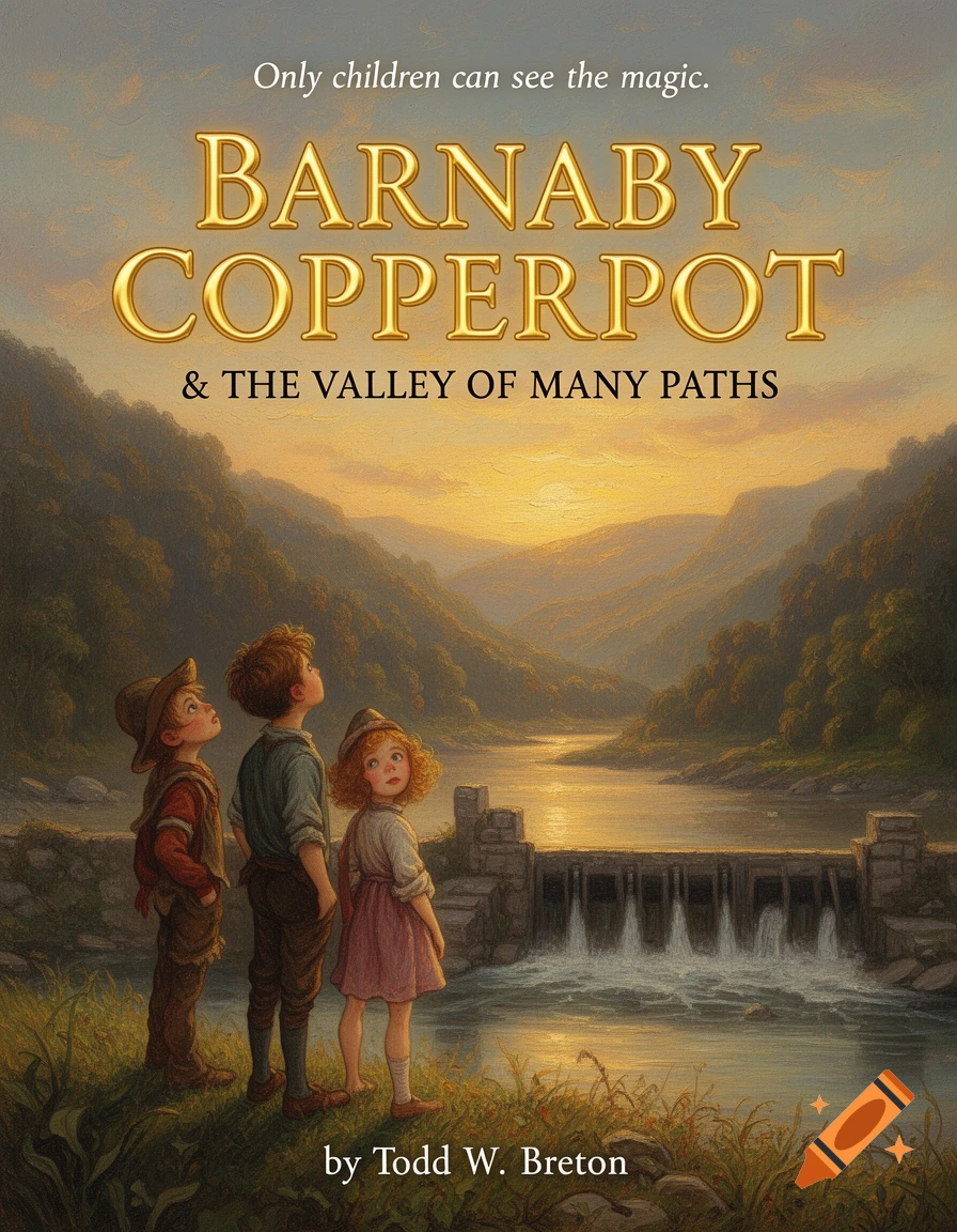 Children's book cover showing three children looking up at a sunset over a dam and river in a valley. Title: Barnaby Copperpot & The Valley of Many Paths.