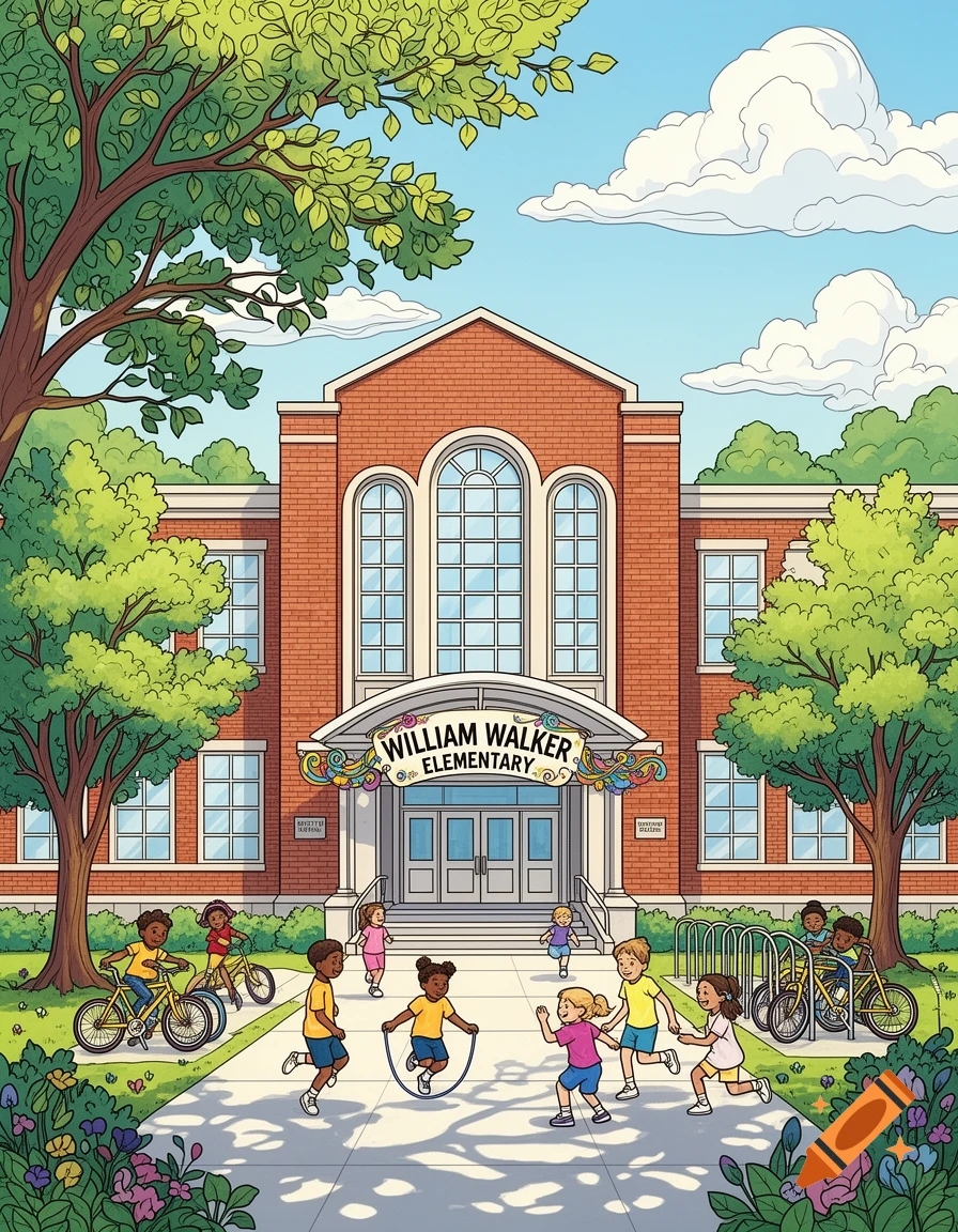 A colorful cartoon illustration of children playing outside a brick elementary school on a sunny day.