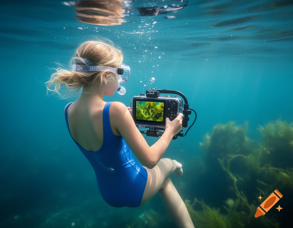 Blonde girl in a blue swimsuit and goggles floats underwater, photographing green algae with an underwater camera.