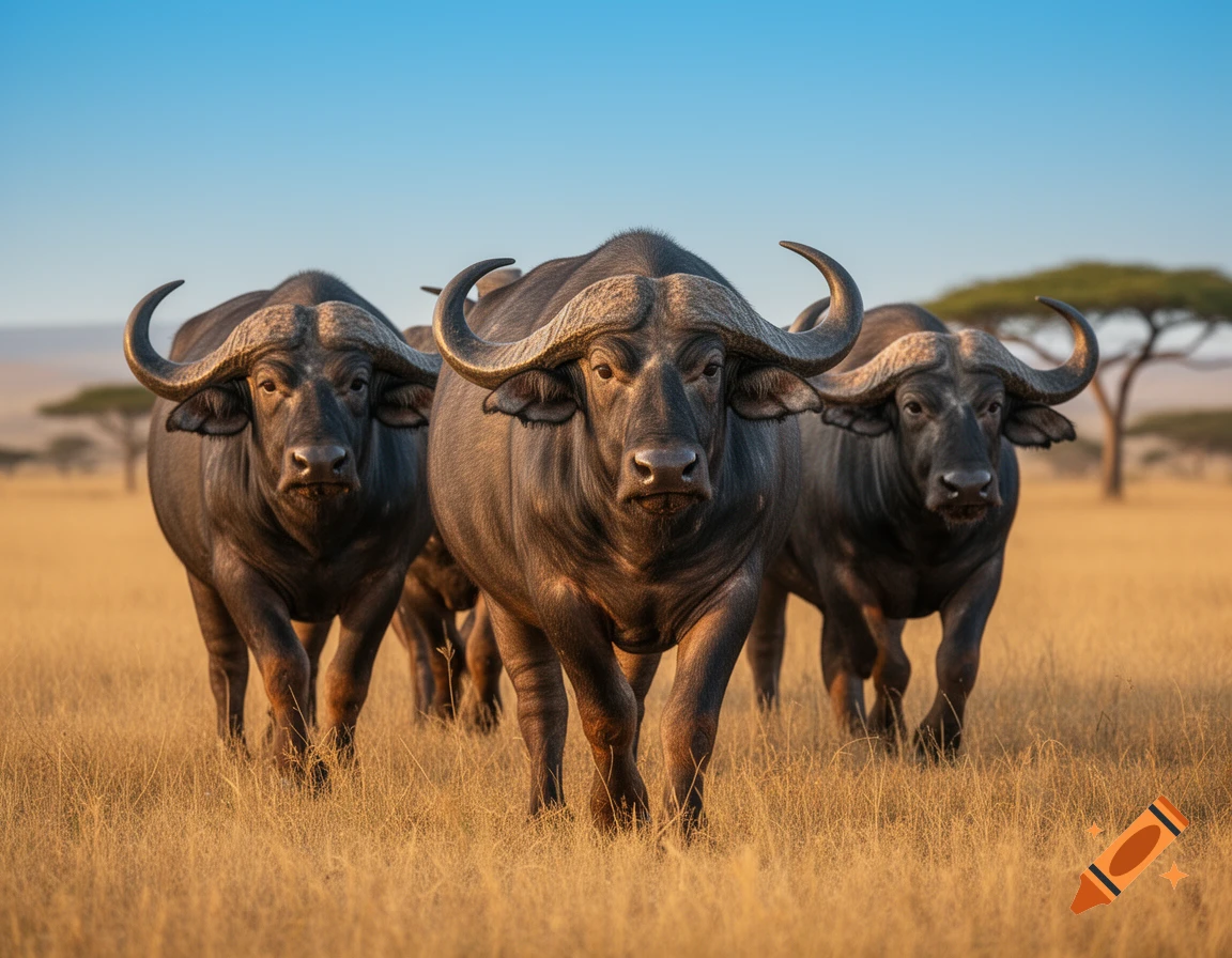 Three large water buffalo walk through a golden savanna under a clear blue sky, photorealistic.