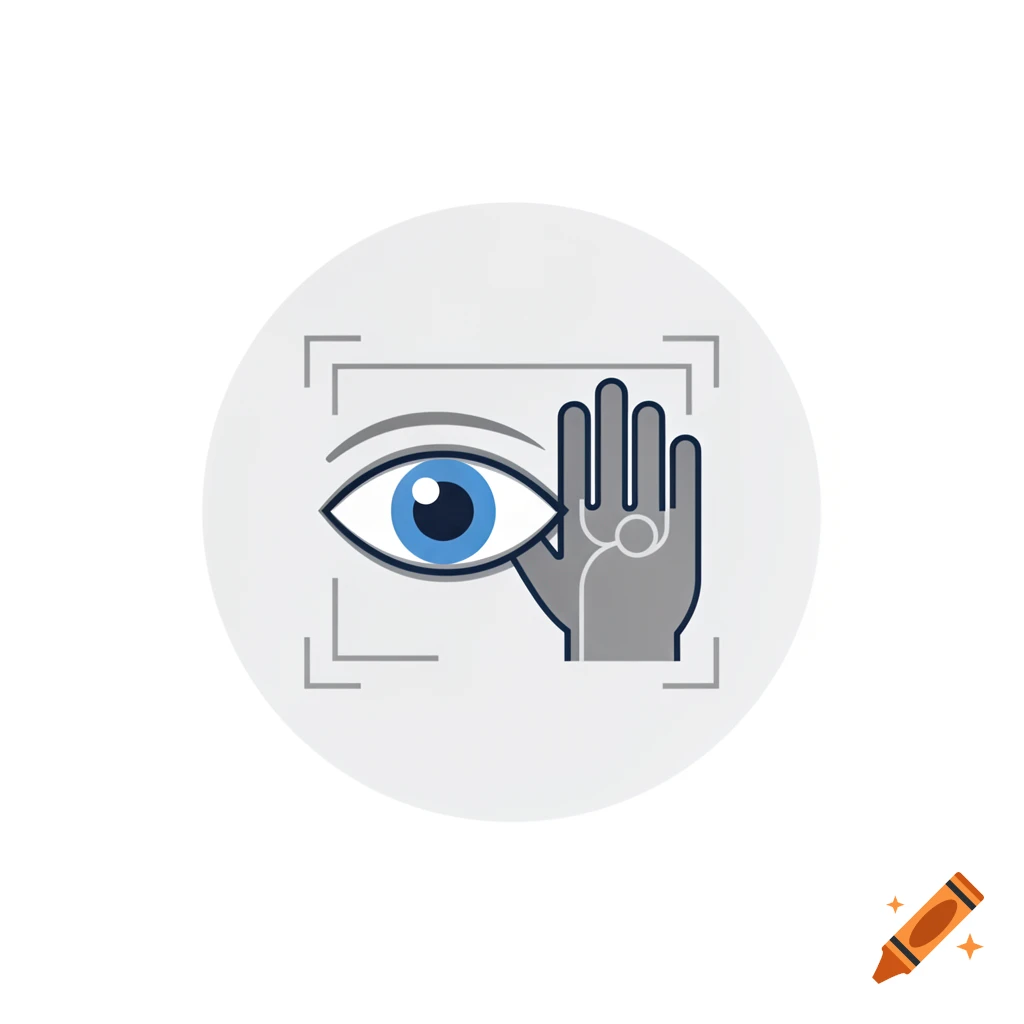 Stylized icon of a blue eye next to a gray hand, both within a scanning frame, representing vision inspection.