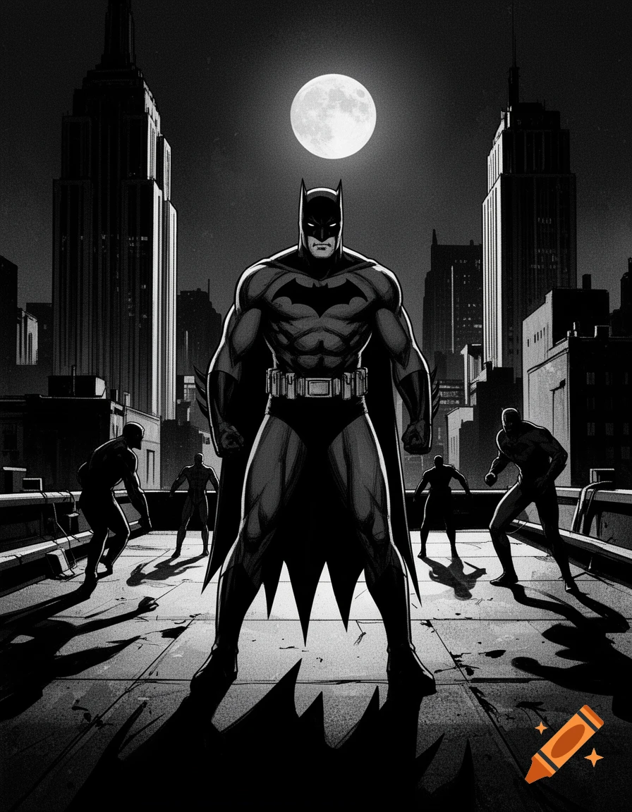 Batman stands heroically on a dark city rooftop under a full moon, surrounded by shadowy figures, in black and white comic art.