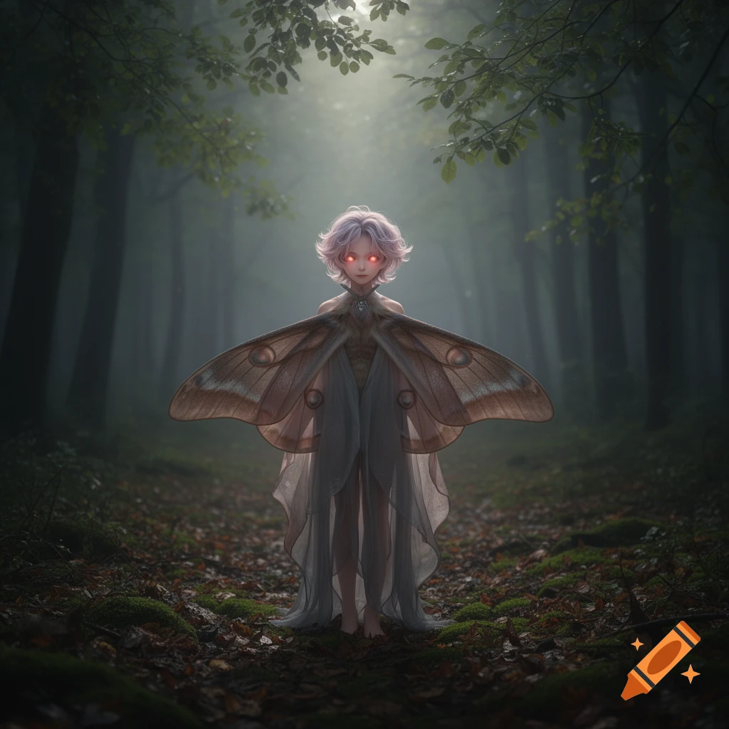 A moth-like humanoid with pink hair and glowing red eyes stands in a misty forest, wearing a flowing, sheer gown.