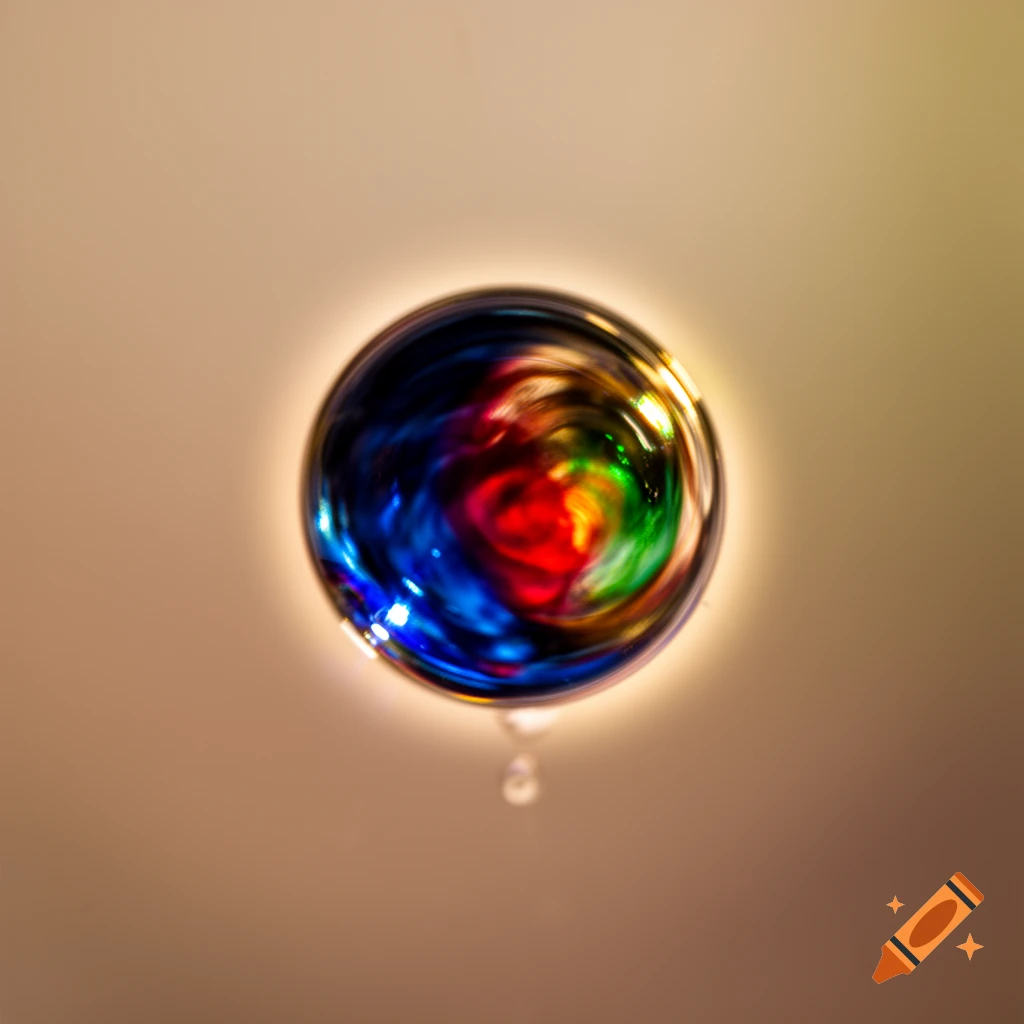 A vibrant, colorful spherical drop with swirling red, blue, green, and yellow hues, against a warm gradient background, with a small secondary drop below.