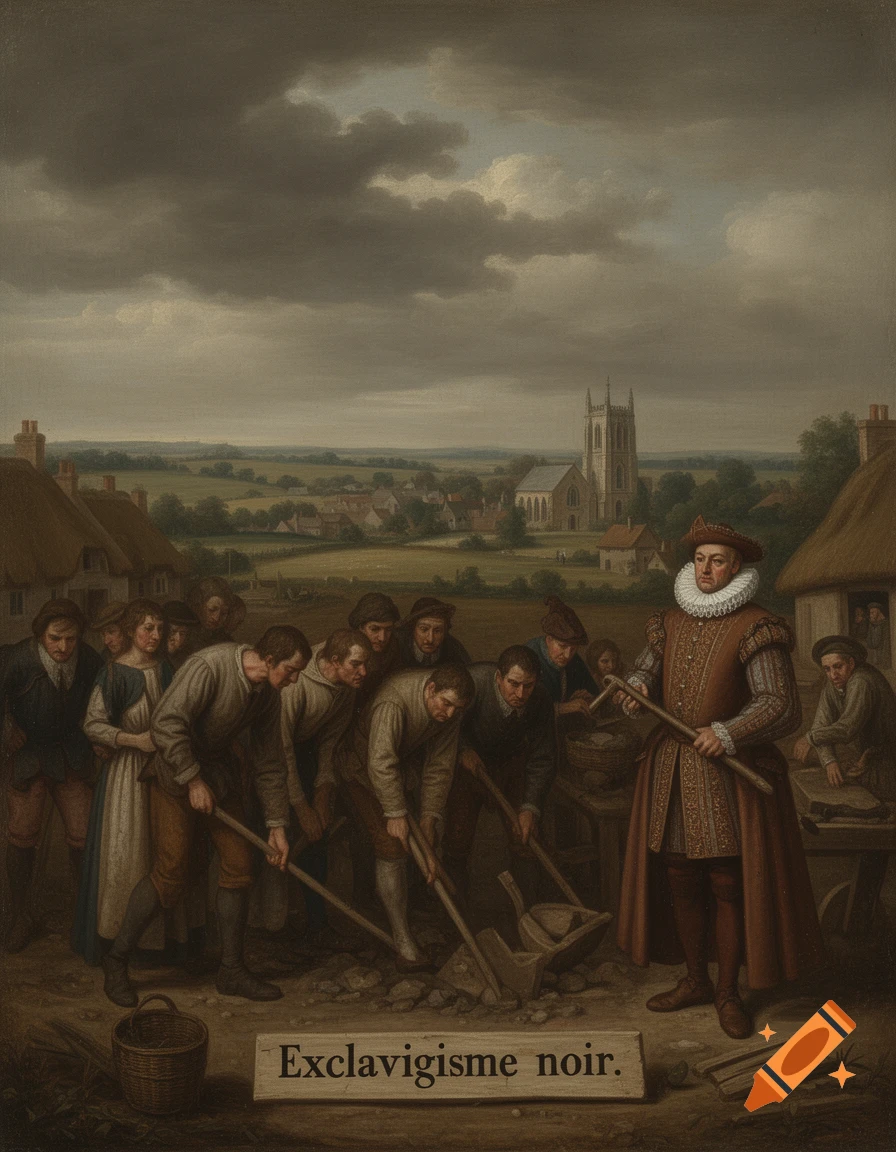 A 16th-century style painting depicts a man in period attire overseeing laborers digging, with a village, church, and cloudy sky in the background. A sign reads 'Exclavigisme noir'.