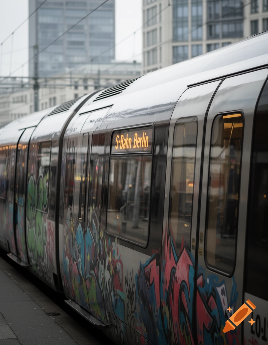 A silver S-Bahn Berlin train with colorful graffiti on its side, passing through a city with modern buildings in the background.