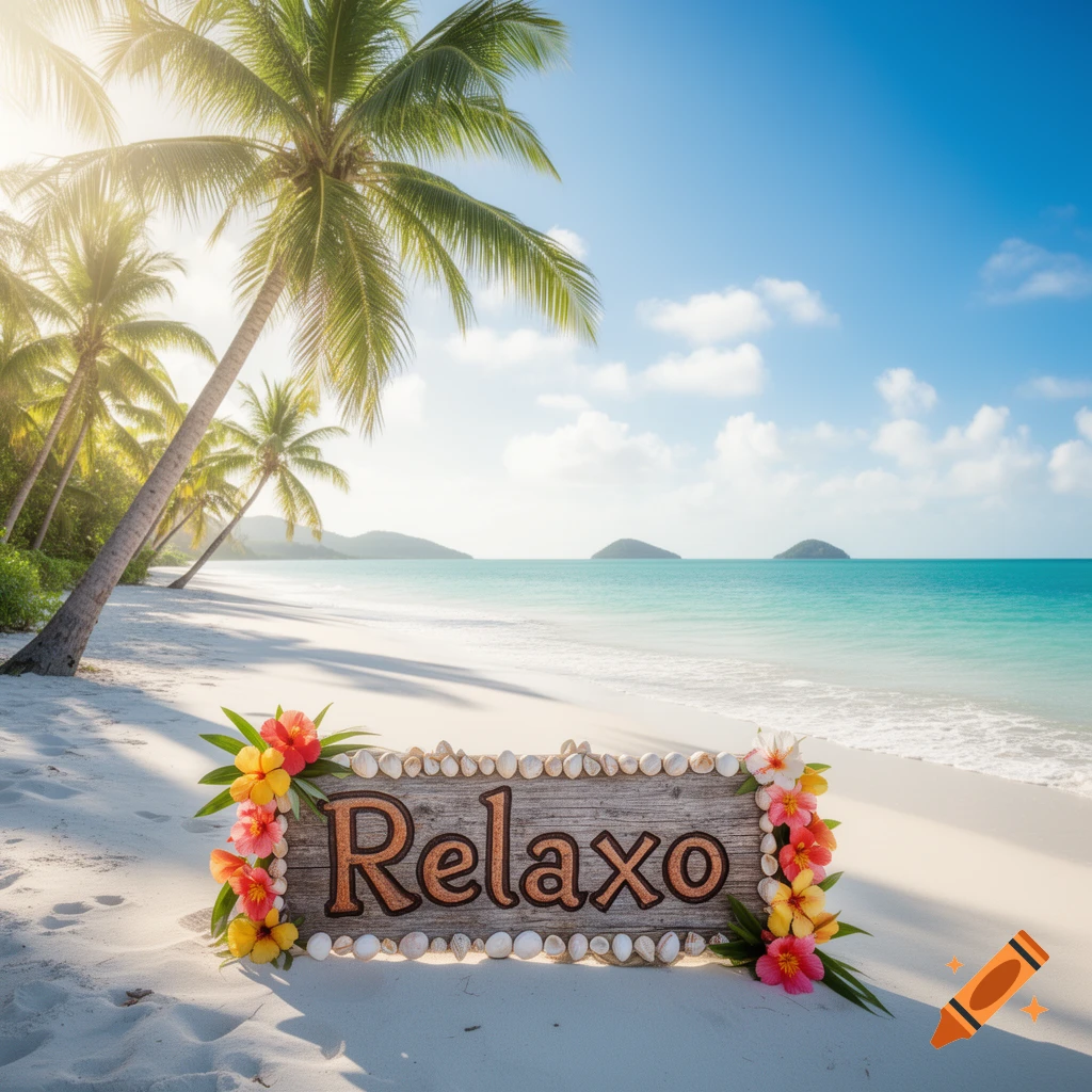 A wooden sign decorated with seashells and flowers spells "Relaxo" on a sunny white sand beach with palm trees and turquoise ocean.