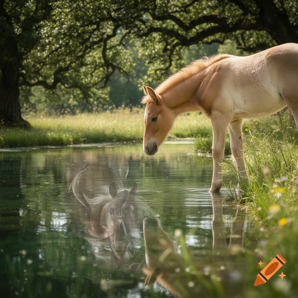 An Isabelle-colored foal stands in a pond, gazing at its reflection, which appears as a larger, strong horse amidst green grass and trees.