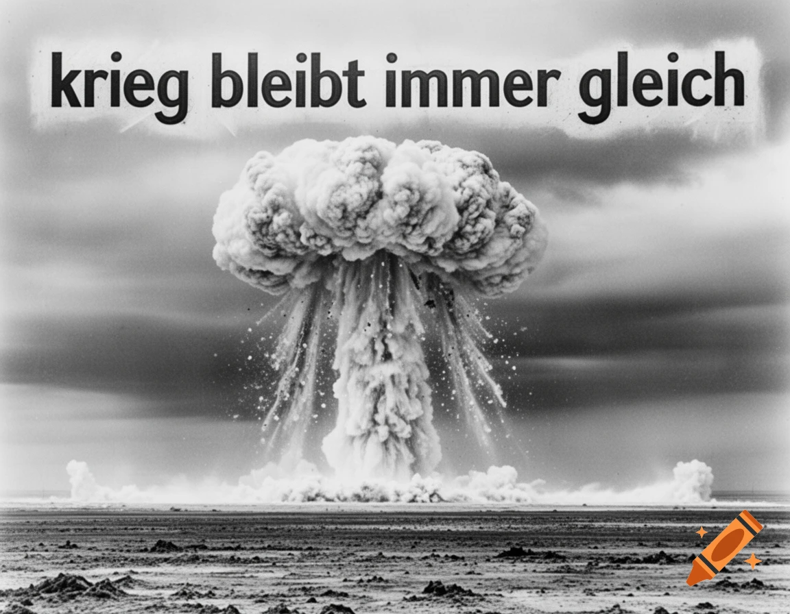 Black and white photo of an atomic bomb mushroom cloud over a desolate landscape, with the text "krieg bleibt immer gleich" at the top.