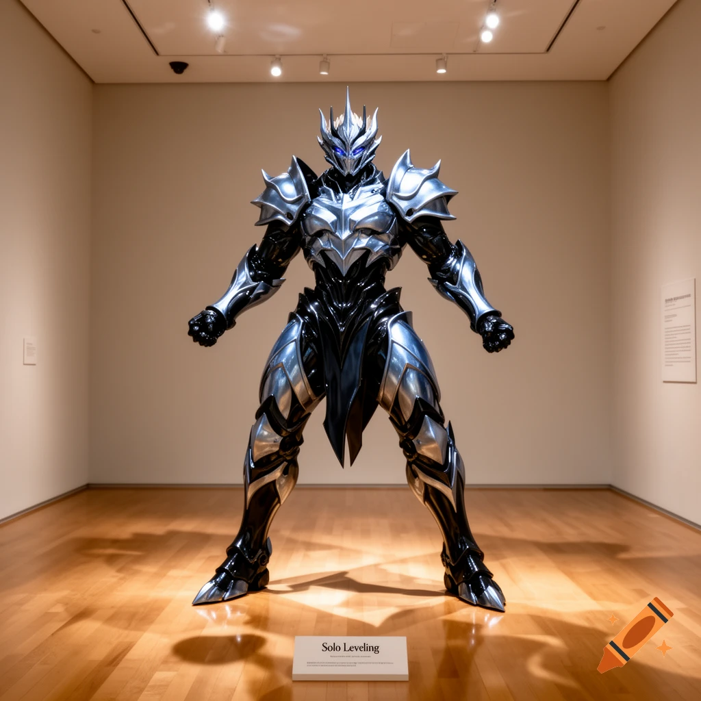 A highly detailed silver and black armored statue with glowing blue eyes stands on a wooden floor in a minimalist museum gallery.