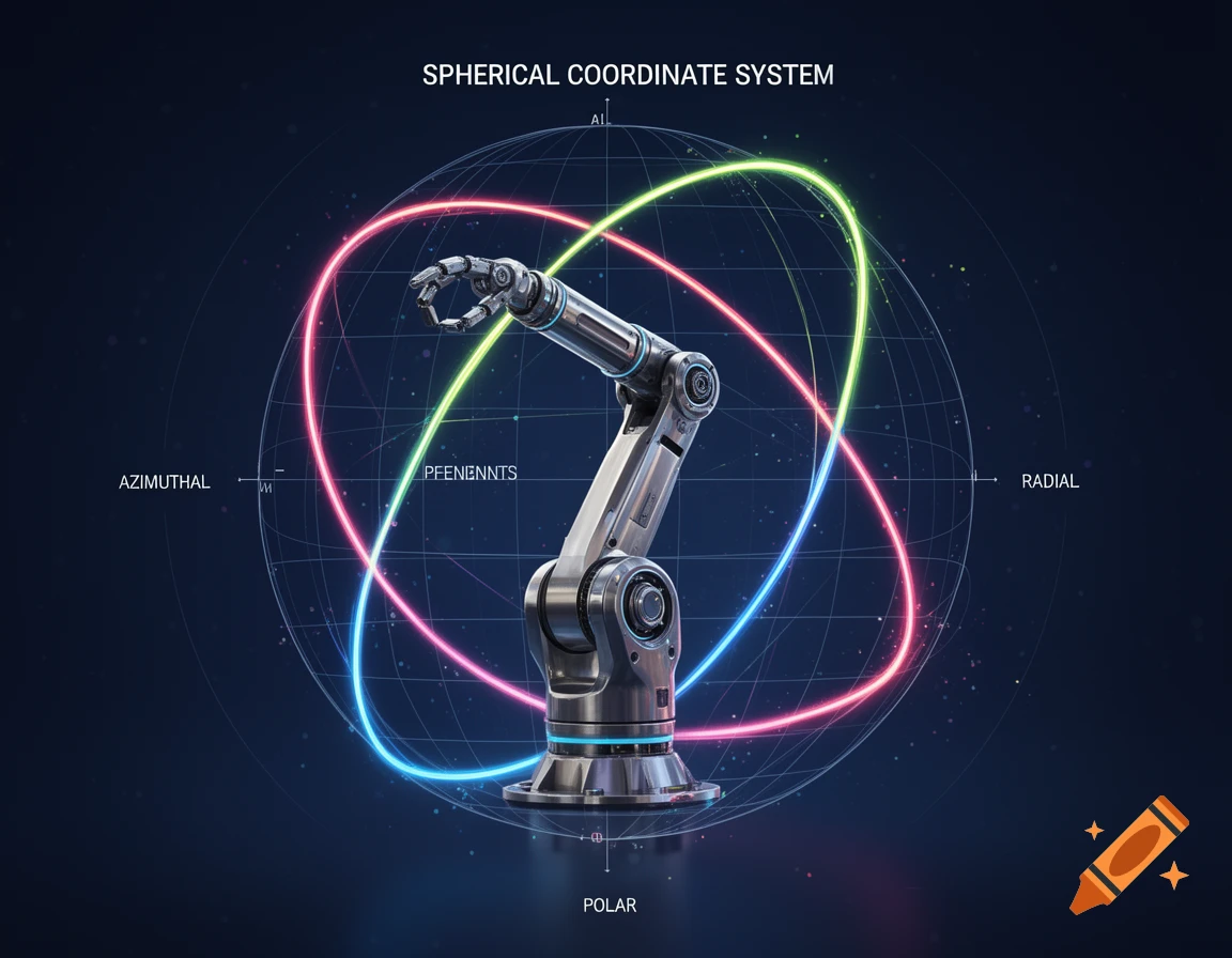 A metallic robotic arm positioned centrally within a glowing spherical coordinate system against a dark, starry background. Labels for 'AZIMUTHAL', 'RADIAL', 'POLAR', and 'SPHERICAL COORDINATE SYSTEM' are visible, along with garbled text.