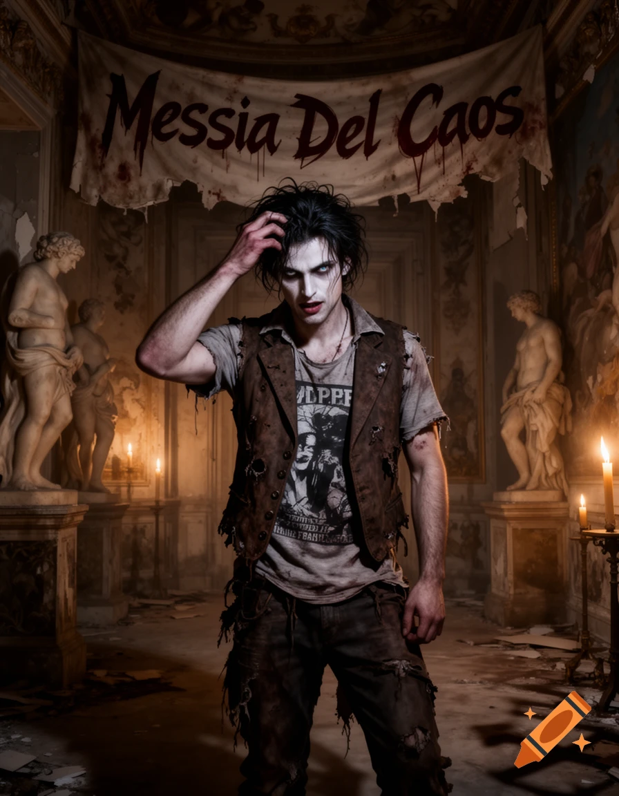 A pale, dark-haired man with vampire makeup in torn clothes stands in a ruined gothic room with statues and a 'Messia Del Caos' banner.