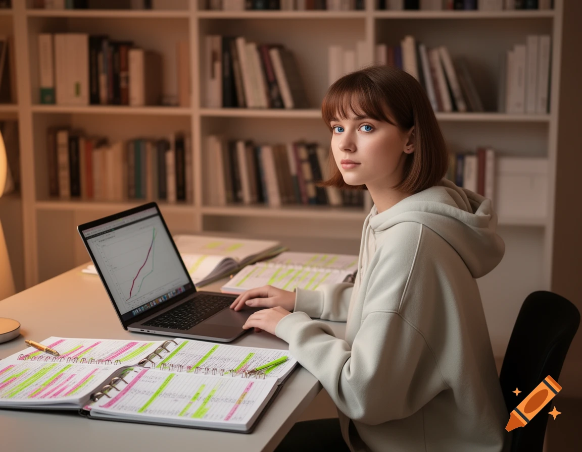 A young woman with brown hair studying at a desk with a laptop and open notebooks, in a cozy library setting.