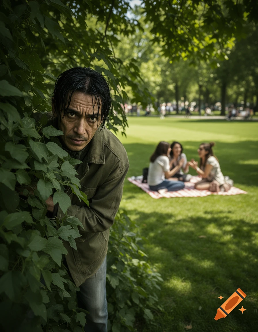 A man with dark hair peeks from dense green bushes, intently watching three women picnicking in a sunny park background.
